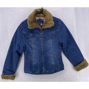 Scorpio USA Jacket Women Medium Blue Jean Trucker Faux Fur Collar Quilted Zip